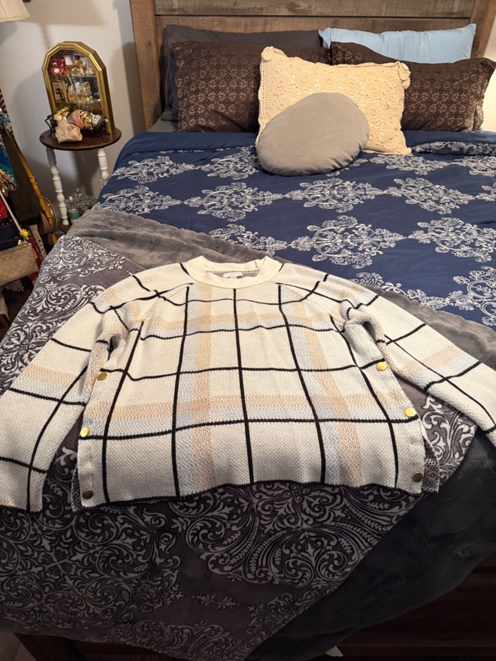 new directions Cream Plaid Crewneck Sweater with Black Windowpane